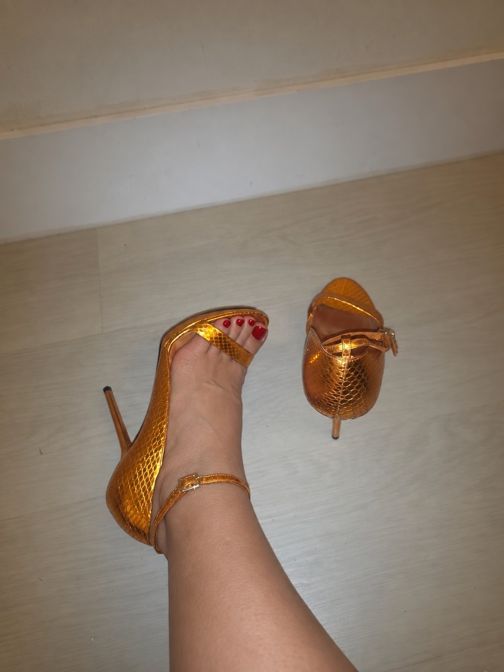 Metallic Orange High Heel Sandals with Ankle Strap